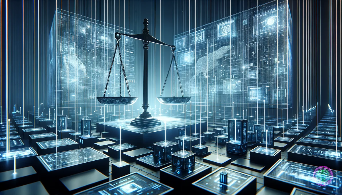 Imagem conceitual da regulamentação de grandes empresas de tecnologia com estética abstrata de labirinto digital