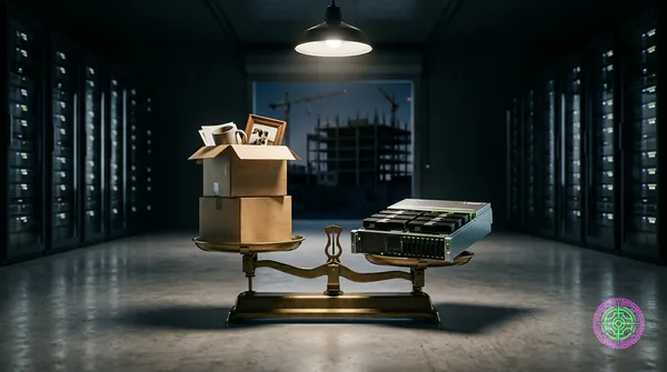 광택 콘크리트 데이터 센터 바닥에 있는 빈티지 황동 저울. 개인 사무용품이 담긴 골판지 이삿짐 상자가 왼쪽 팬에서 쏟아져 나옵니다. 무거운 GPU 서버 랙 모듈이 오른쪽 팬에 놓여 저울이 컴퓨팅 쪽으로 기울어집니다. 빛나는 서버 랙 행이 배경으로 후퇴하고 문을 통해 크레인이 있는 건설 중인 데이터 센터가 보입니다. 포토저널리즘 스타일, 극적인 명암 조명.