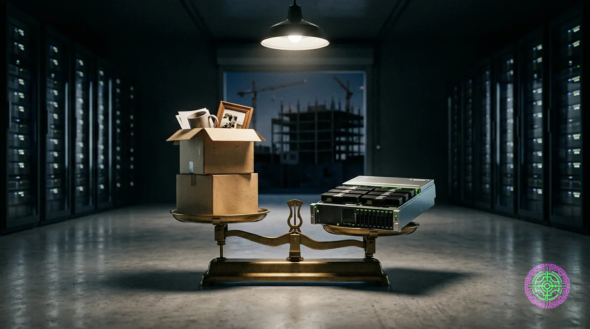 A vintage brass balance scale on a polished concrete data center floor. Cardboard moving boxes with personal office items spill out of the left pan. A heavy GPU server rack module sits on the right pan, tipping the scale toward compute. Glowing rows of server racks recede into the background, and a data center under construction with cranes is visible through a doorway. Photojournalistic style, dramatic chiaroscuro lighting.