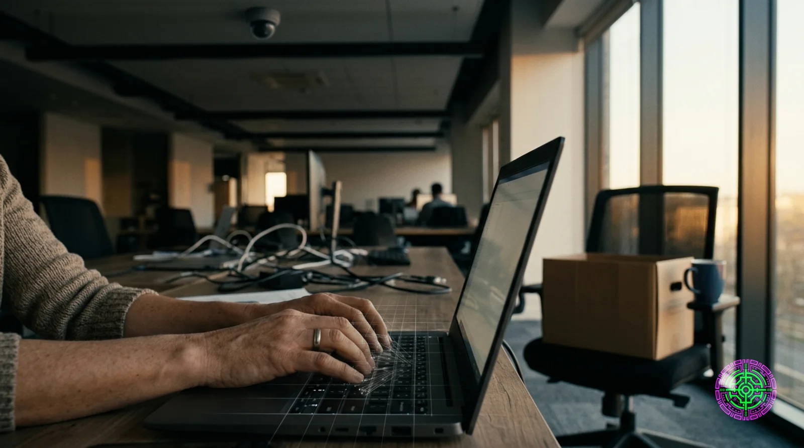 A worker's hands at a corporate keyboard inside a low-lit open-plan office, faint translucent gridlines and click-trail vectors overlaid on the desk surface, a single security camera in soft focus behind the figure, an empty cardboard moving box on the adjacent chair, late-afternoon office light through floor-to-ceiling windows, photojournalistic documentary style with available natural light, shot on Canon EOS R5 35mm f1.4.