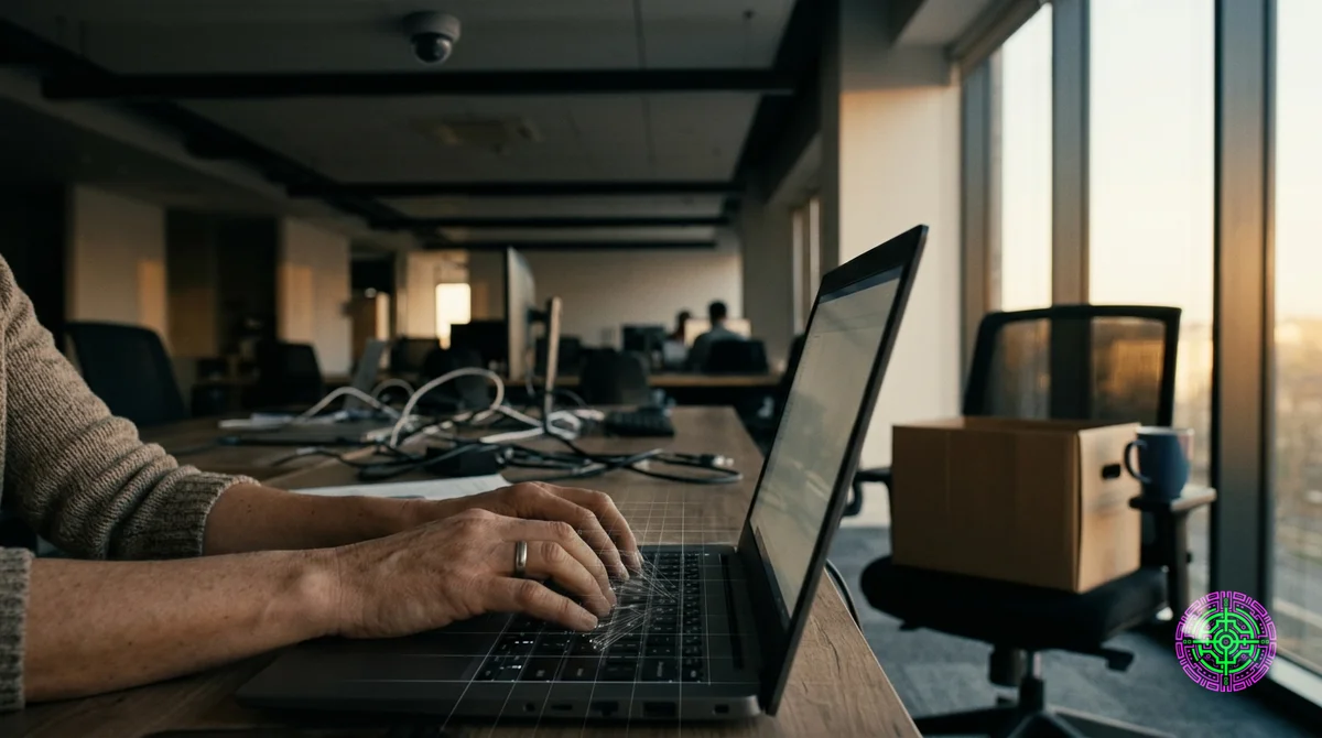 A worker's hands at a corporate keyboard inside a low-lit open-plan office, faint translucent gridlines and click-trail vectors overlaid on the desk surface, a single security camera in soft focus behind the figure, an empty cardboard moving box on the adjacent chair, late-afternoon office light through floor-to-ceiling windows, photojournalistic documentary style with available natural light, shot on Canon EOS R5 35mm f1.4.