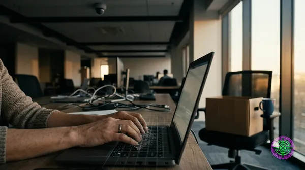 A worker's hands at a corporate keyboard inside a low-lit open-plan office, faint translucent gridlines and click-trail vectors overlaid on the desk surface, a single security camera in soft focus behind the figure, an empty cardboard moving box on the adjacent chair, late-afternoon office light through floor-to-ceiling windows, photojournalistic documentary style with available natural light, shot on Canon EOS R5 35mm f1.4.