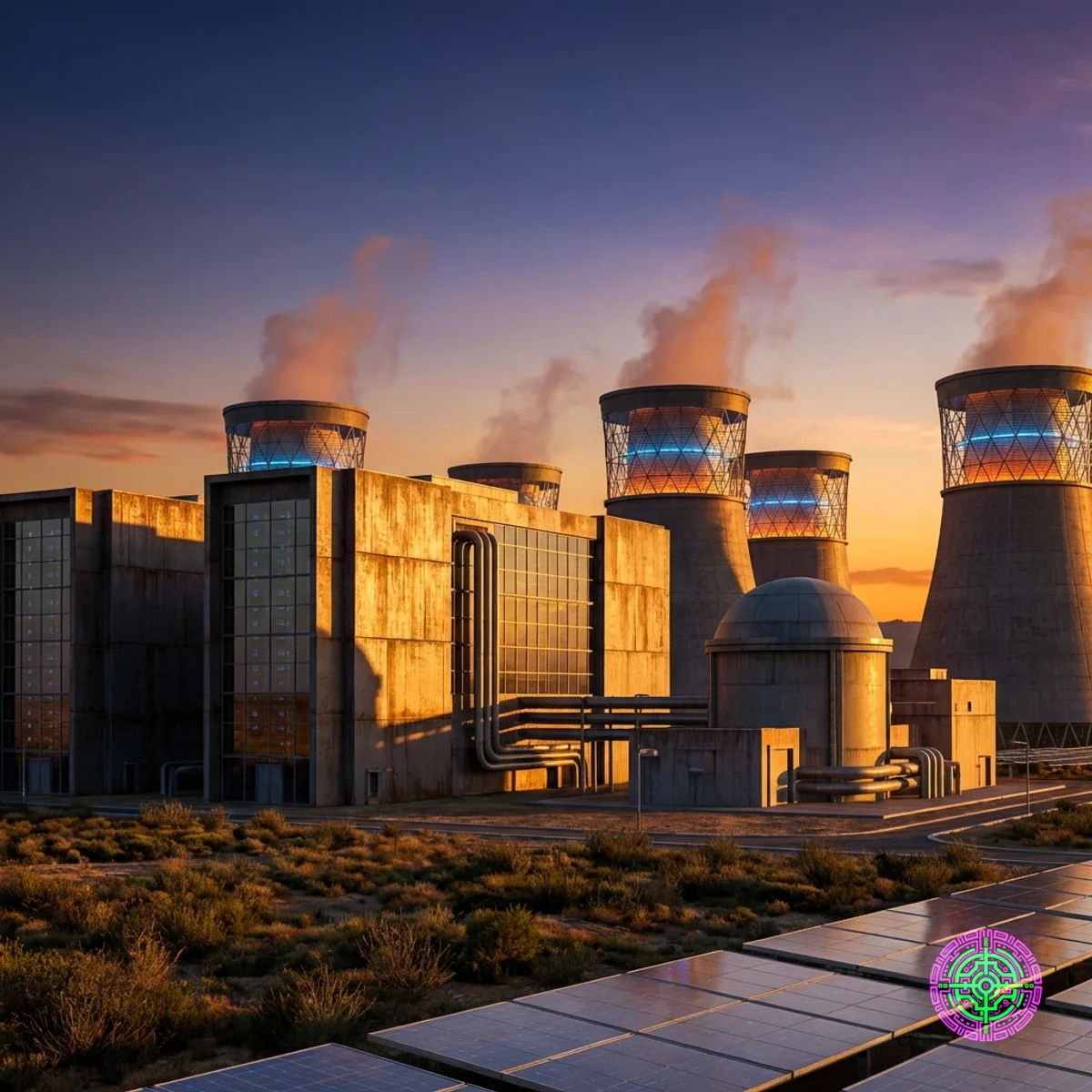 Un centro de datos futurista fusionado con torres de refrigeración brillantes al atardecer, simbolizando la fusión de la IA y la energía nuclear.