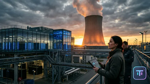 A futuristic data center merged with glowing cooling towers at sunset, symbolizing the fusion of AI and nuclear power.
