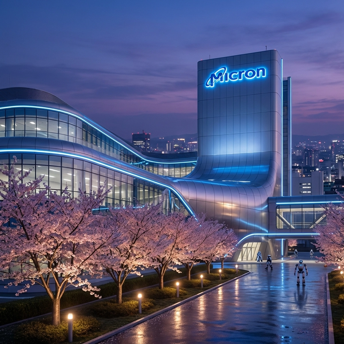 Futuristic Micron semiconductor plant in Japan with cherry blossoms in foreground