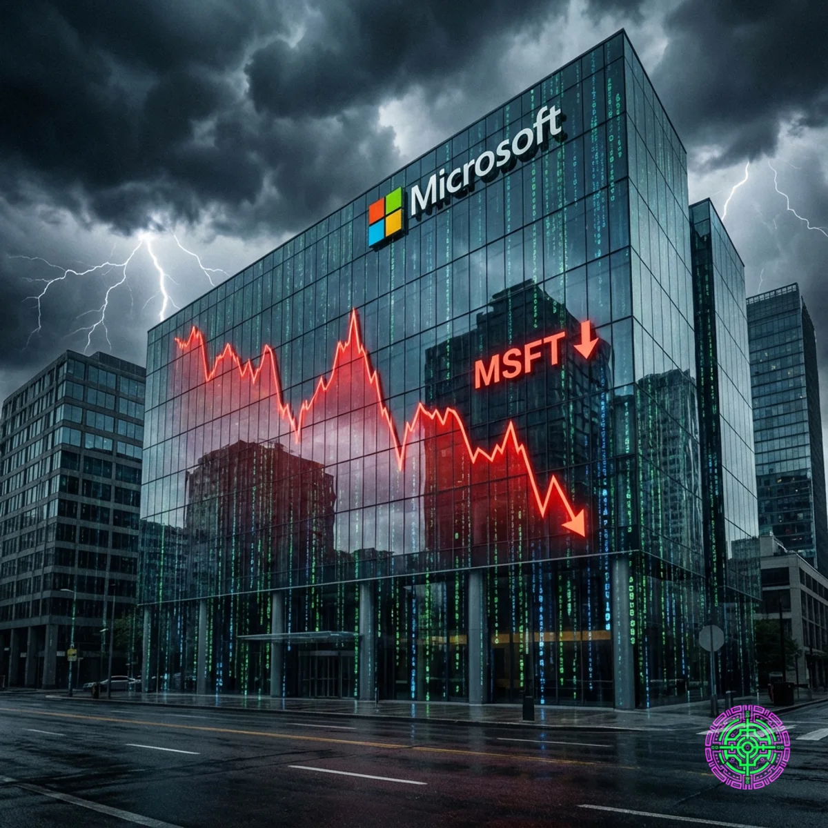 Microsoft building with plummeting stock chart reflection