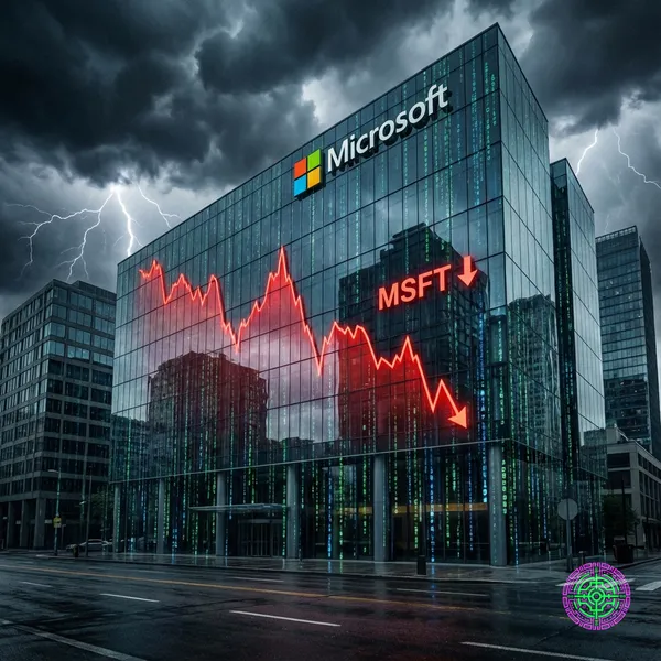 Microsoft building with plummeting stock chart reflection