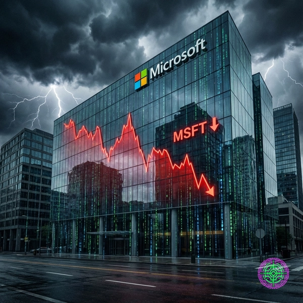 Microsoft building with plummeting stock chart reflection