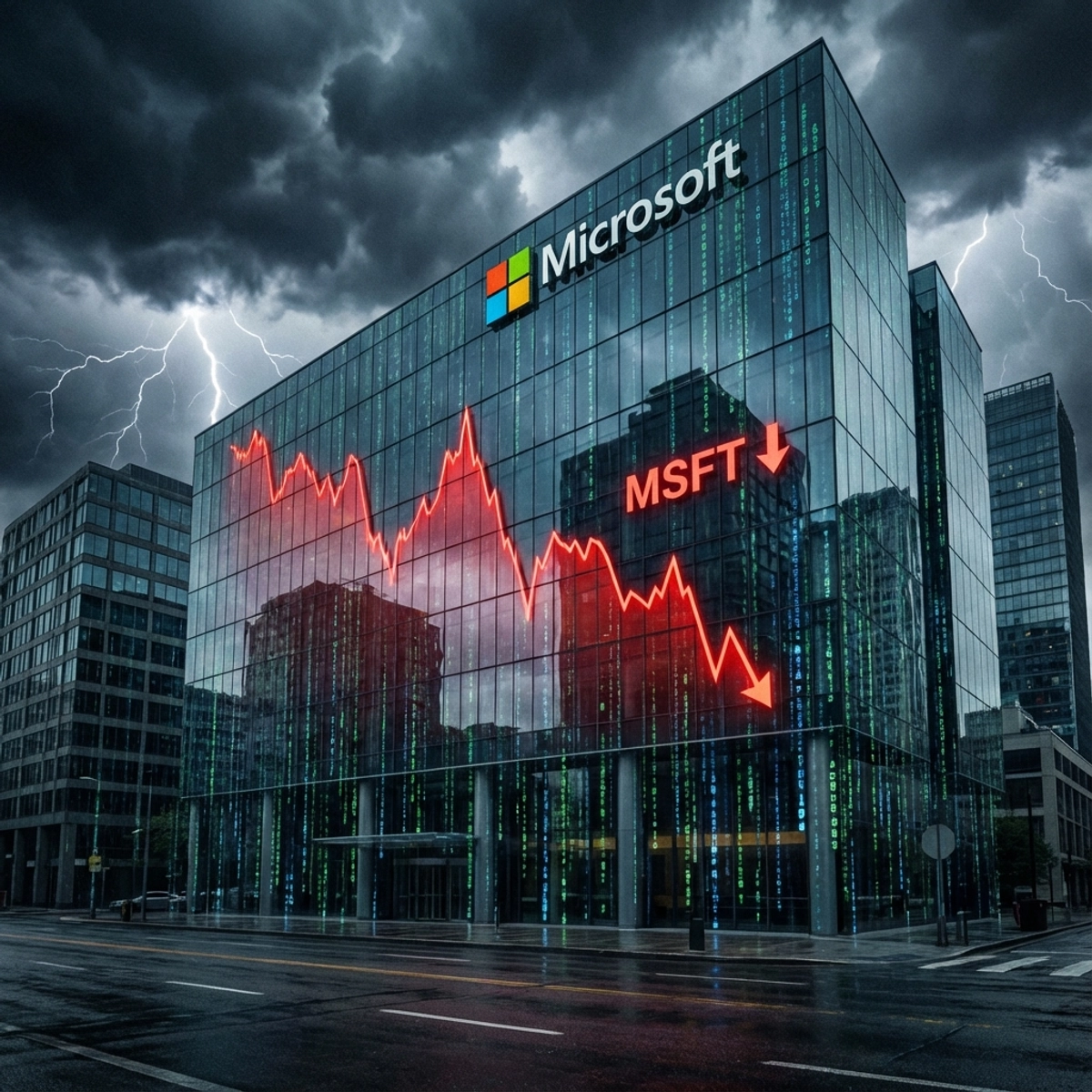 Microsoft building with plummeting stock chart reflection