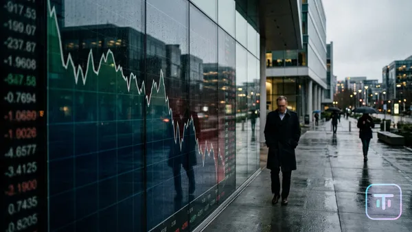 Microsoft building with plummeting stock chart reflection