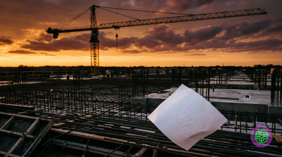 Une grue de construction reste inactive au coucher du soleil au-dessus des fondations à moitié coulées d'un centre de données, avec un document gouvernemental fraîchement signé qui souffle sur les barres d'armature au premier plan. Photojournalistique, lumière de l'heure dorée, faible profondeur de champ.