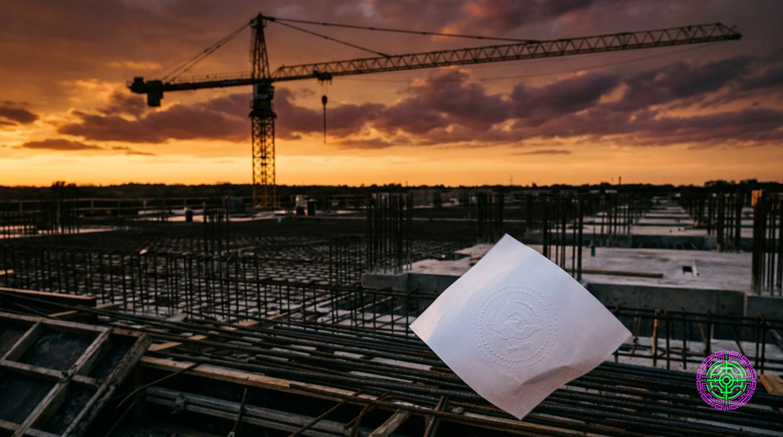 A construction crane sits idle at sunset above a half-poured data center foundation, with a freshly signed government document blowing across the rebar in the foreground. Photojournalistic, golden hour light, shallow depth of field.