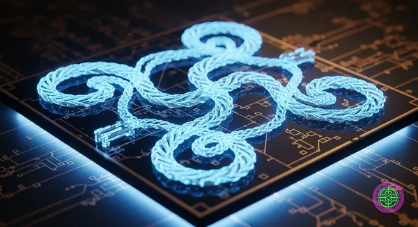 A visualization of the Microsoft Majorana 1 quantum processor showing glowing blue braided pathways.