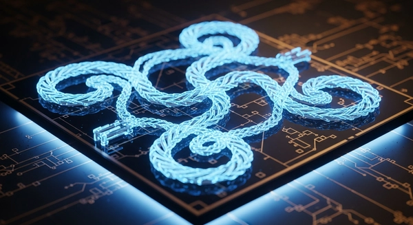 A visualization of the Microsoft Majorana 1 quantum processor showing glowing blue braided pathways.