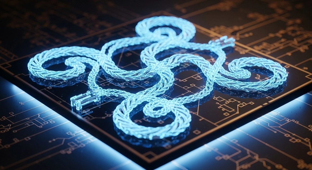 A visualization of the Microsoft Majorana 1 quantum processor showing glowing blue braided pathways.