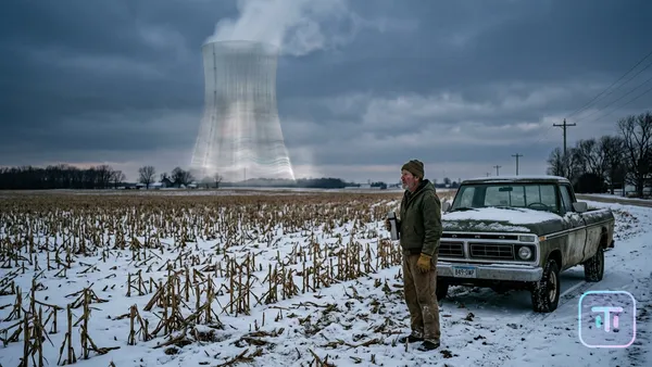 A ghostly, transparent nuclear cooling tower shimmering like a mirage over a winter cornfield in the Midwest.