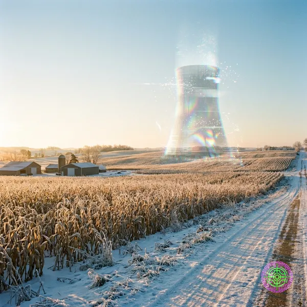 Ein geisterhafter, transparenter Nuklearkühlturm, der wie eine Fata Morgana über einem winterlichen Maisfeld im Mittleren Westen schimmert.