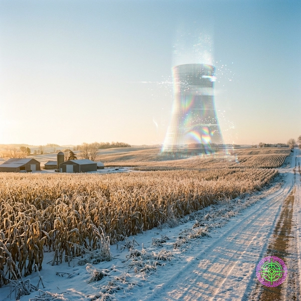 A ghostly, transparent nuclear cooling tower shimmering like a mirage over a winter cornfield in the Midwest.