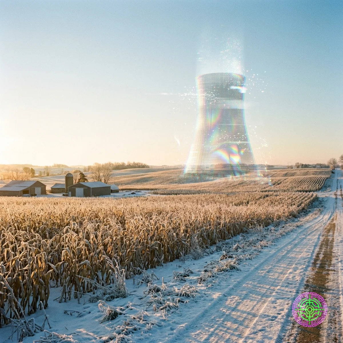 Una torre de refrigeración nuclear fantasmal y transparente que brilla como un espejismo sobre un campo de maíz invernal en el Medio Oeste.