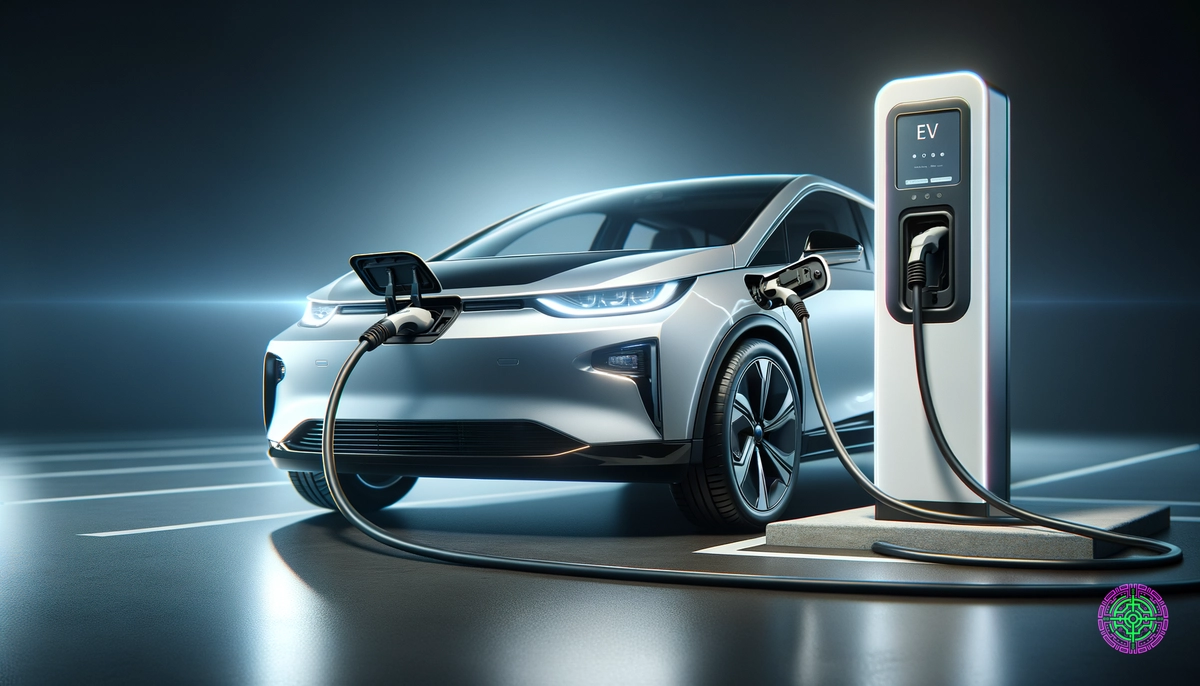 Modernes Elektrofahrzeug, das an eine Ladestation für Elektrofahrzeuge angeschlossen ist, wobei Ladekabel und Anschluss sichtbar sind