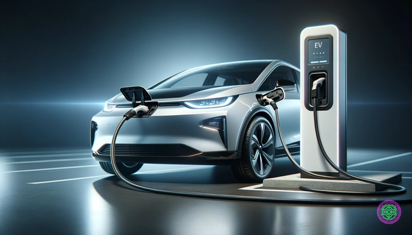 Modern electric vehicle plugged into EV charging station with charging cable and port visible