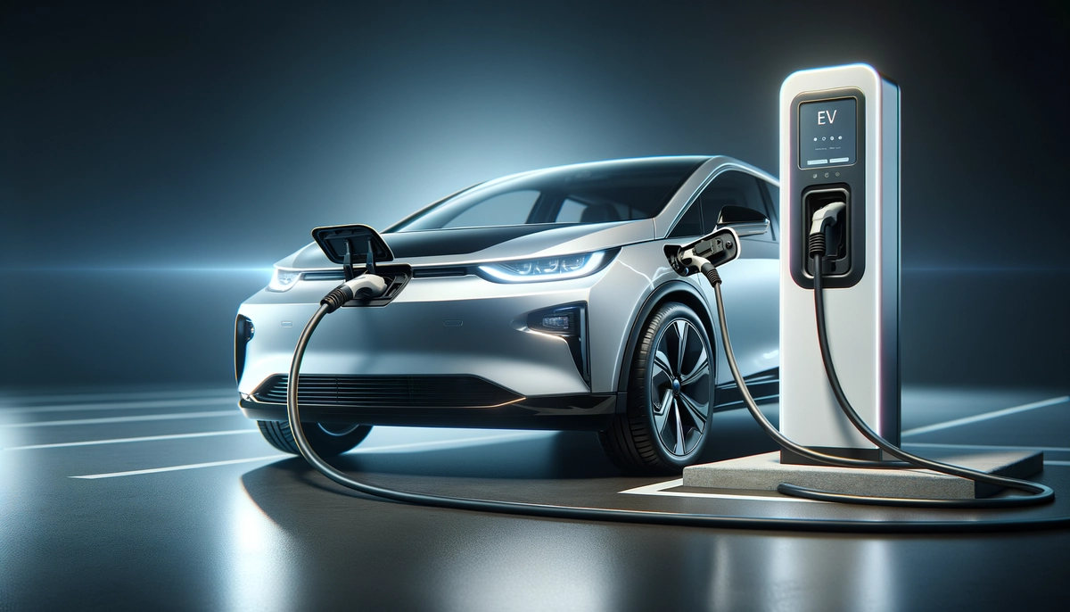 Veículo elétrico moderno conectado à estação de carregamento de veículos elétricos com cabo de carregamento e porta visíveis