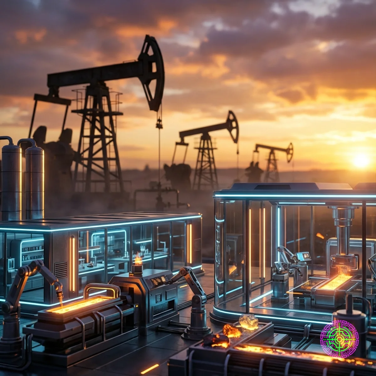A futuristic industrial processing facility for rare earth minerals glows with neon blue and amber laboratory lights, with traditional 20th-century oil derricks in the background.