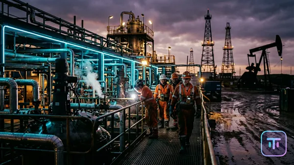 A futuristic industrial processing facility for rare earth minerals glows with neon blue and amber laboratory lights, with traditional 20th-century oil derricks in the background.