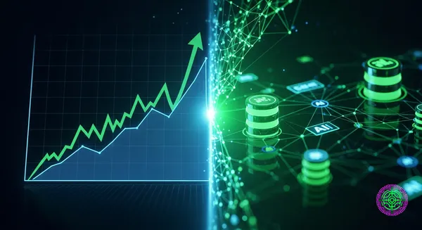 Digital illustration of a bull market chart merging with abstract database structures and AI nodes, glowing in green and blue.