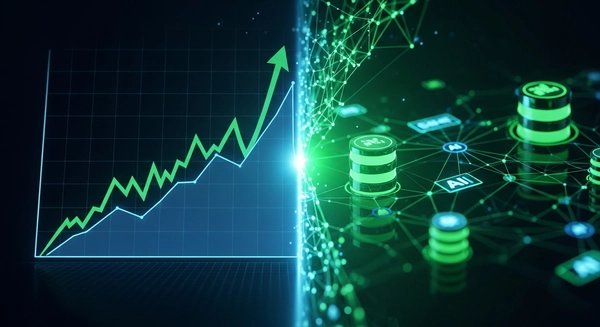 Digital illustration of a bull market chart merging with abstract database structures and AI nodes, glowing in green and blue.