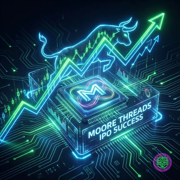 Digital illustration of a bull market chart with a glowing microchip in the background, representing Moore Threads IPO success.
