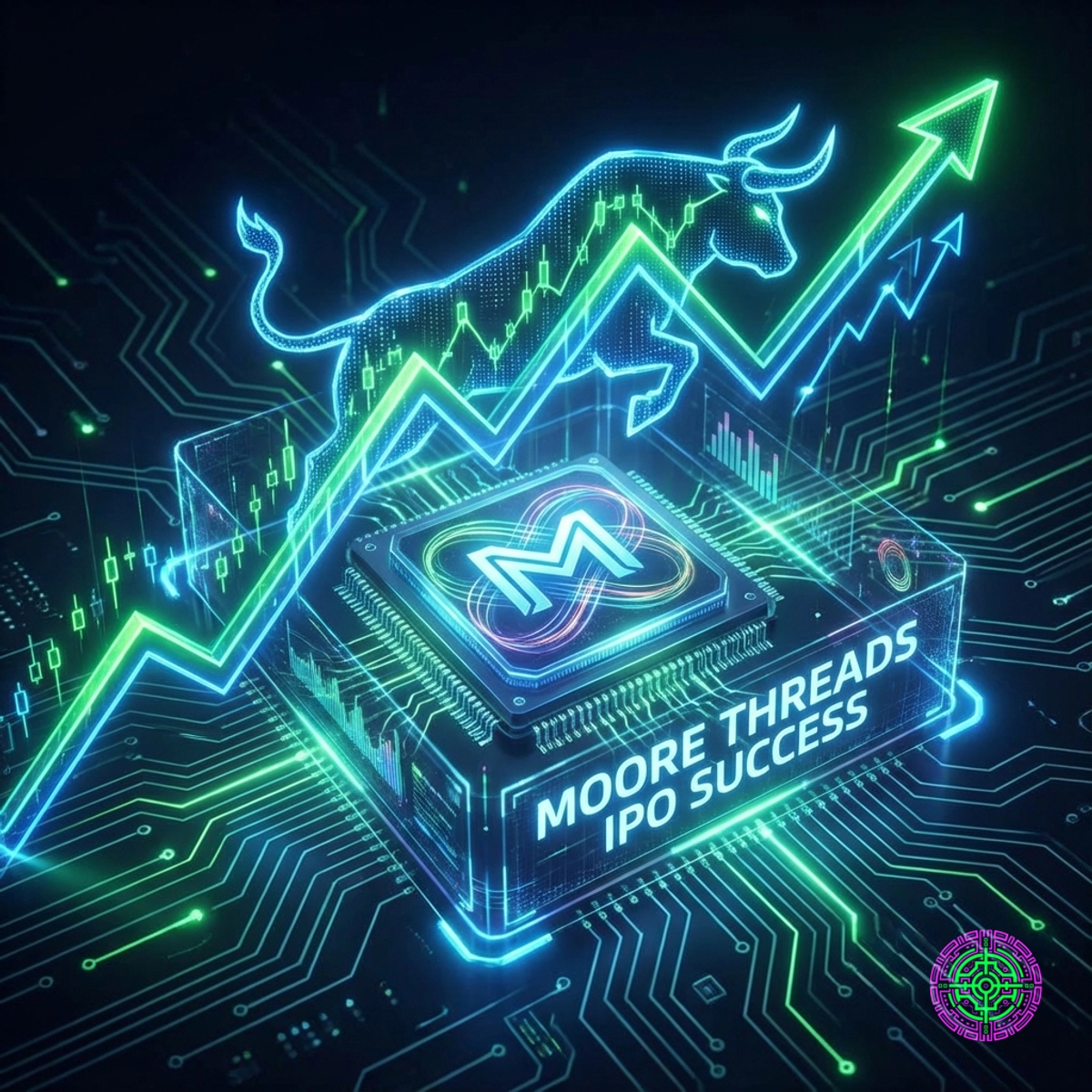Digital illustration of a bull market chart with a glowing microchip in the background, representing Moore Threads IPO success.