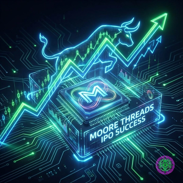 Digital illustration of a bull market chart with a glowing microchip in the background, representing Moore Threads IPO success.