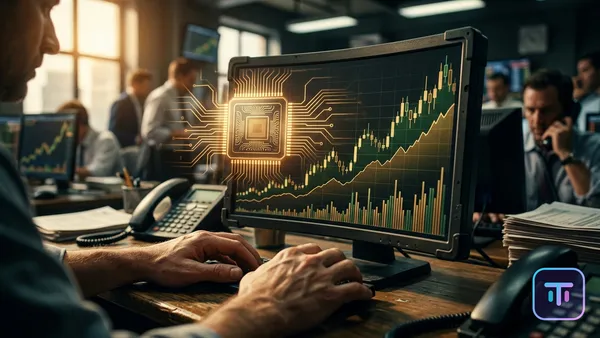 Digitale Illustration eines Bullenmarkt-Charts mit einem leuchtenden Mikrochip im Hintergrund, der den Erfolg des Moore Threads IPO darstellt.