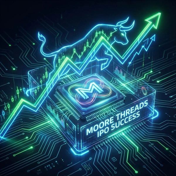 Digital illustration of a bull market chart with a glowing microchip in the background, representing Moore Threads IPO success.