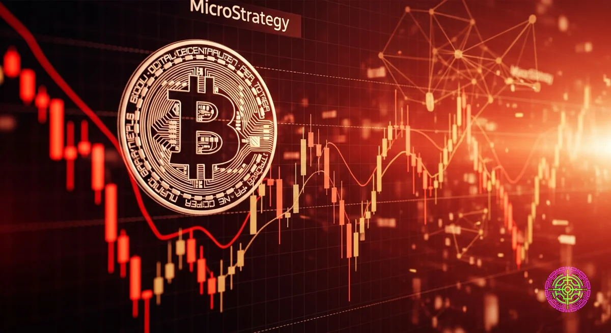 MicroStrategy-Aktienchart stürzt ab, mit Bitcoin-Logo im Hintergrund