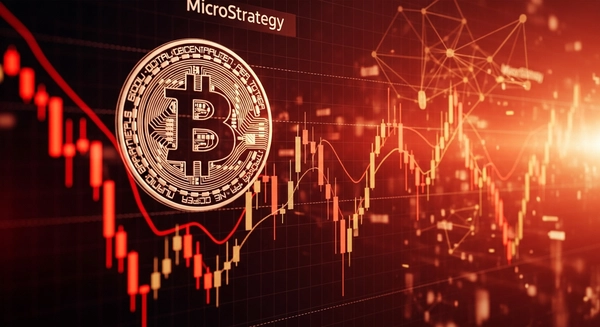 MicroStrategy stock chart crashing with Bitcoin logo in background