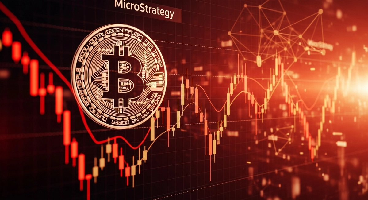 Gráfico de acciones de MicroStrategy en caída con el logotipo de Bitcoin en el fondo