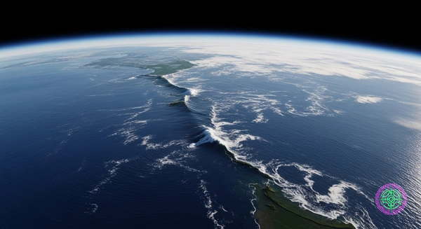 A hyper-realistic, high-resolution satellite view from space looking down at the Pacific Ocean near the Kamchatka Peninsula. The image captures a massive tsunami wave propagating across the deep blue ocean.