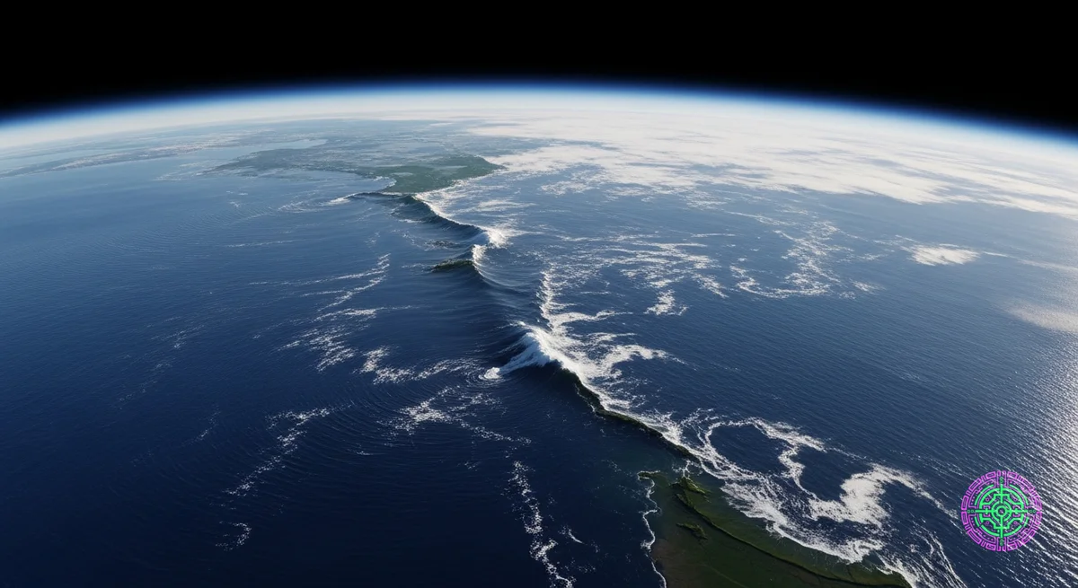 カムチャツカ半島の近くの太平洋を見下ろす、宇宙からの超現実的な高解像度衛星ビュー。画像は、濃い青色の海を伝播する巨大な津波の波を捉えています。