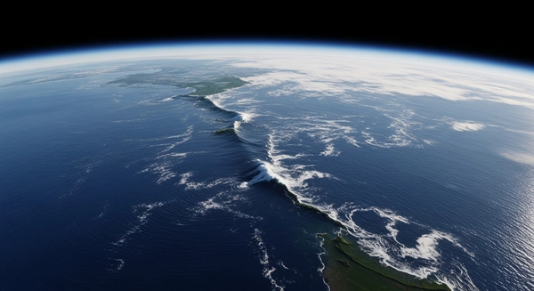 A hyper-realistic, high-resolution satellite view from space looking down at the Pacific Ocean near the Kamchatka Peninsula. The image captures a massive tsunami wave propagating across the deep blue ocean.