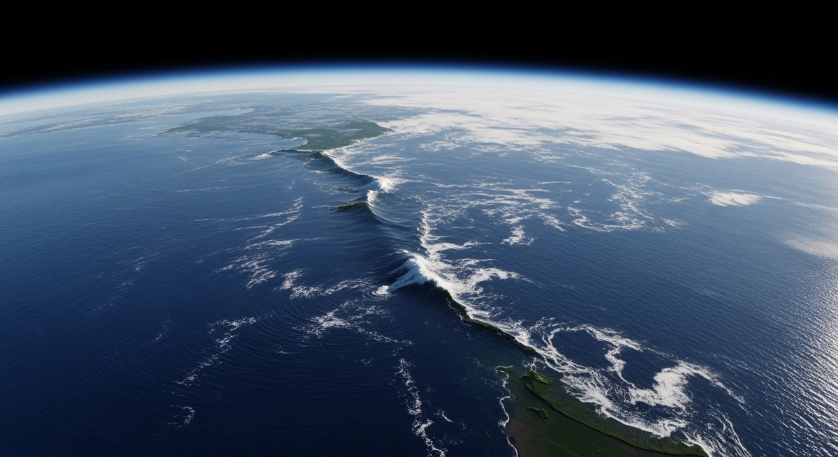 A hyper-realistic, high-resolution satellite view from space looking down at the Pacific Ocean near the Kamchatka Peninsula. The image captures a massive tsunami wave propagating across the deep blue ocean.