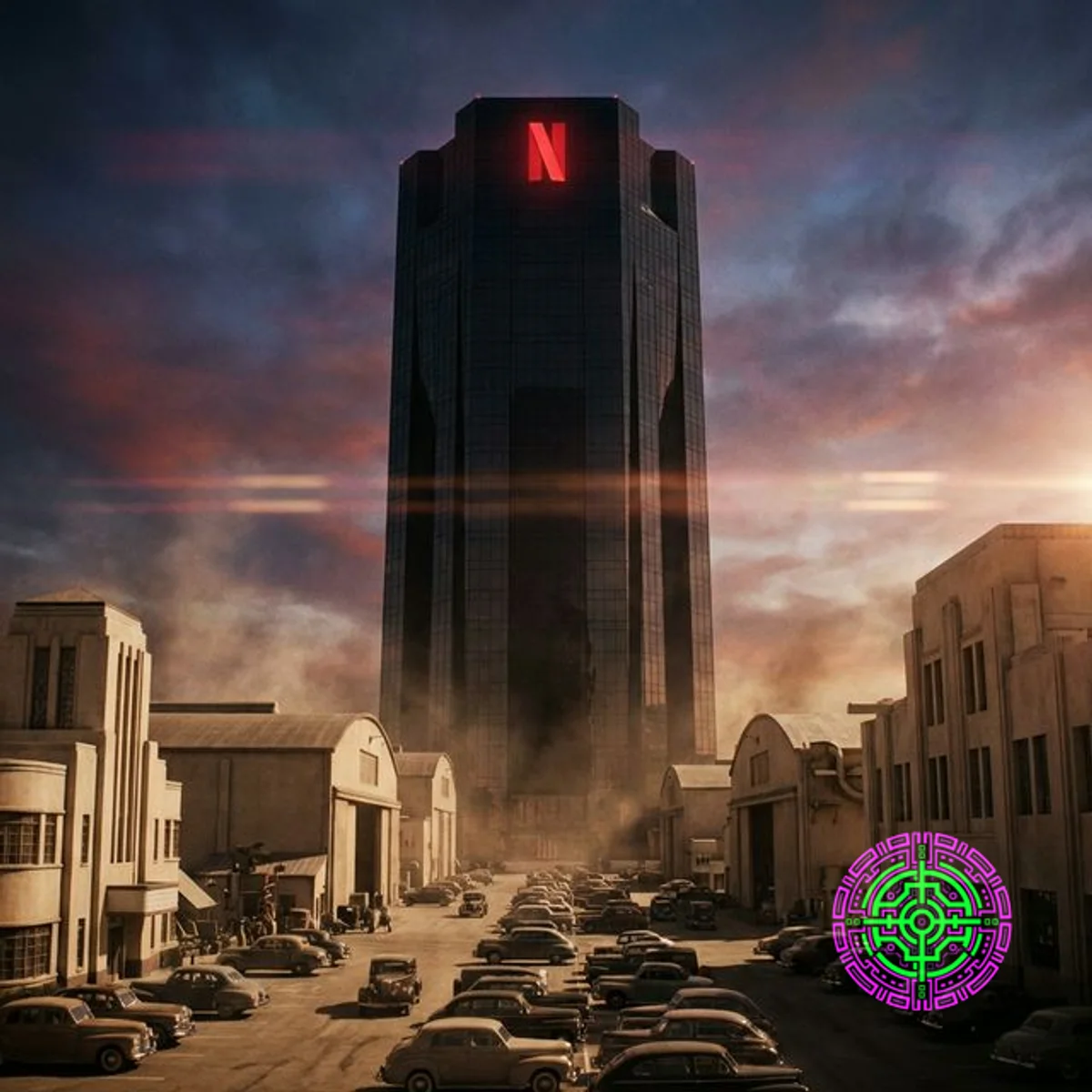 Um arranha-céu monolítico de vidro preto com um logotipo N vermelho brilhante elevando-se sobre um estúdio de Hollywood vintage dos anos 1940
