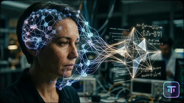 Digital visualization showing a brain connecting abstract neural networks on the left with structured mathematical proofs on the right.