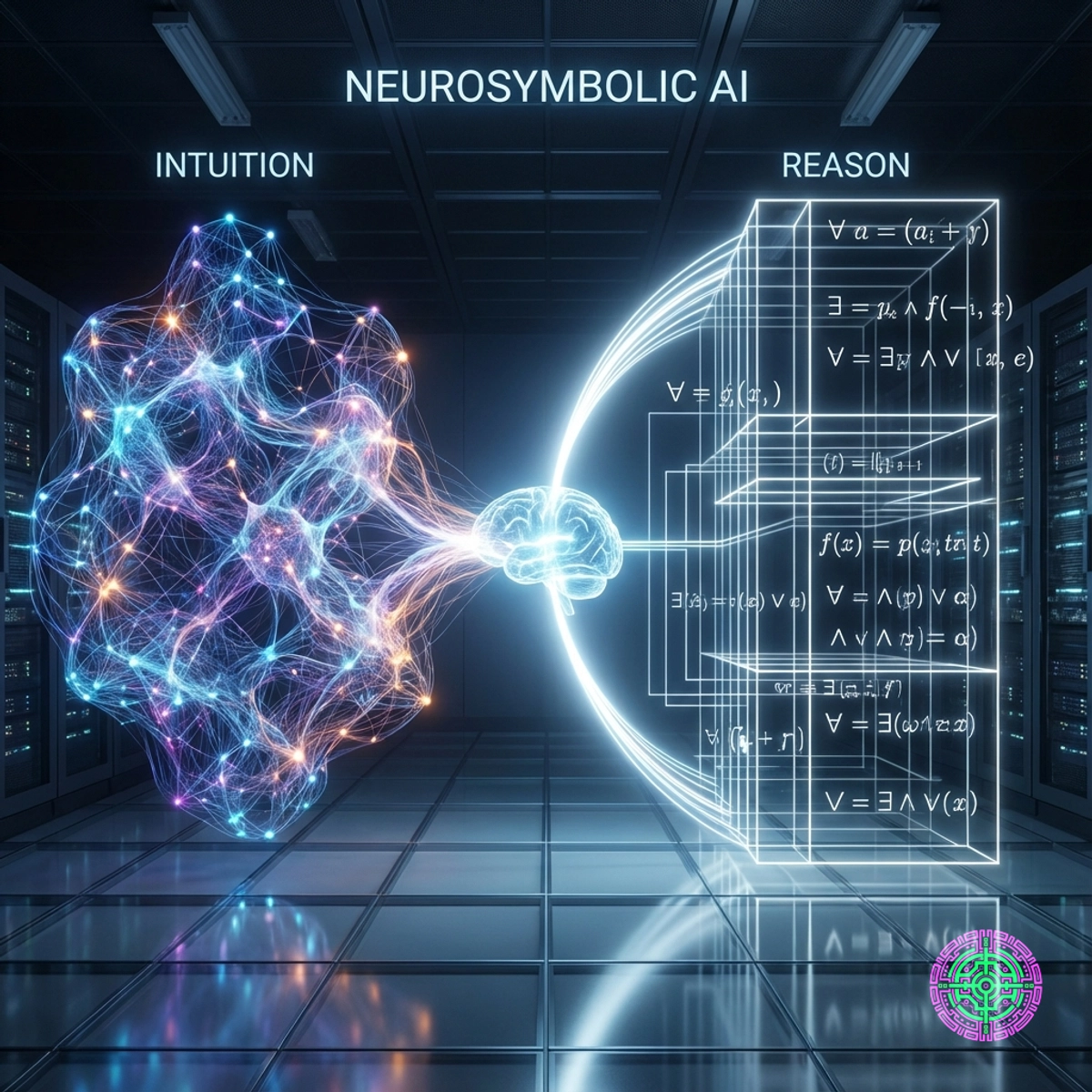 Digital visualization showing a brain connecting abstract neural networks on the left with structured mathematical proofs on the right.