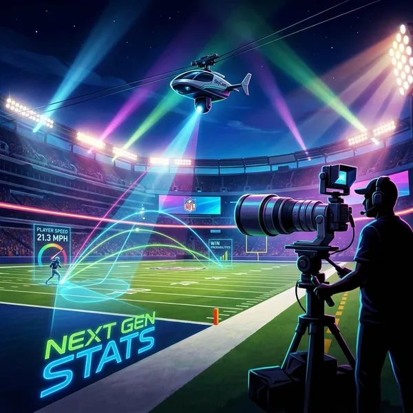 High-tech NFL stadium illustration with digital overlays