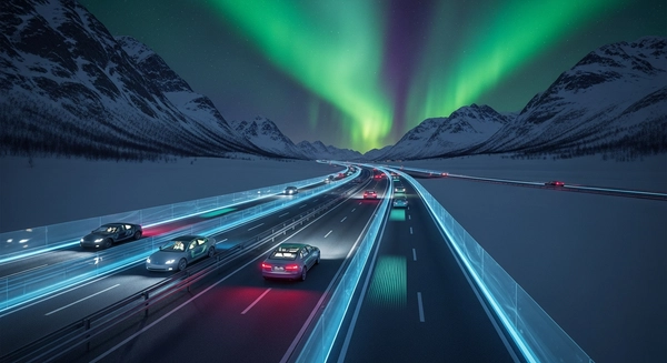 Futuristic snowy Norwegian highway with sleek electric vehicles and Northern Lights