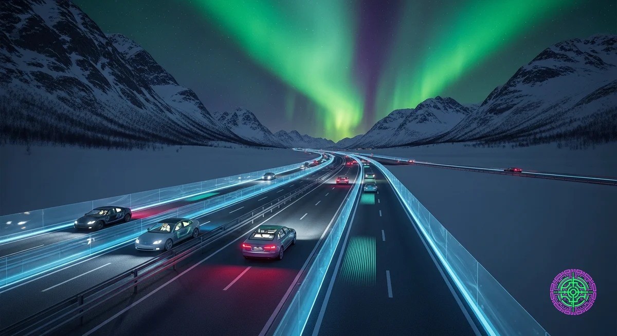 Futuristische verschneite norwegische Autobahn mit eleganten Elektrofahrzeugen und Nordlichtern