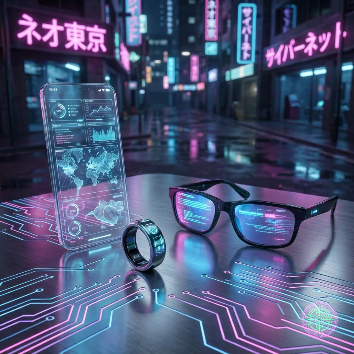 Futuristic collection of consumer gadgets including transparent phone and smart ring