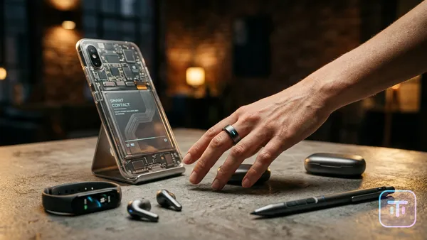 Futuristische Sammlung von Consumer-Gadgets, darunter transparentes Telefon und Smart Ring
